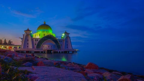 4K Timelapse of Malacca Straits Mosque during sunrise. Pan Left effect Stock Footage 115737528