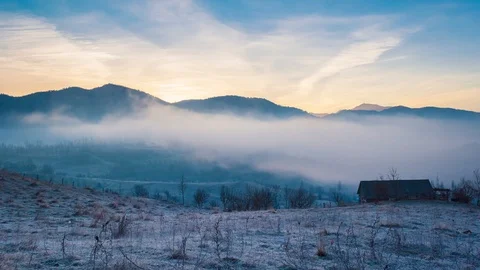 4K timelapse, mist over rural landscape moving, dancing at sunrise Stock Footage 129701238