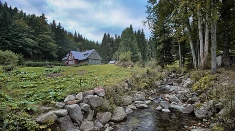 4K timelapse with mountain river and cottage Stock Footage 67896955
