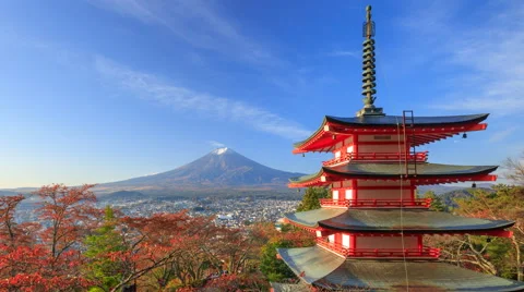 4K Timelapse of Mt. Fuji with Chureito Pagoda at sunrise, Fujiyoshida, Japan Stock Footage