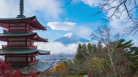 4K Timelapse of Mt. Fuji with Chureito Pagoda in autumn, Fujiyoshida, Japan Stock Footage 280477663