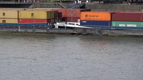 4K Timelapse naval traffic on river cargo ship sail in Koln induatrial transport Stock Footage 70237713