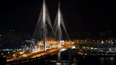 4K timelapse of new cable-stayed highway bridge in Saint Petersburg at the night Stock Footage 83833558