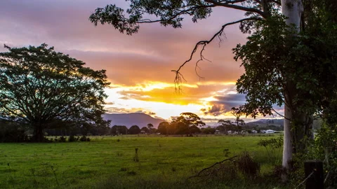4K Timelapse Orange Sunset Over Farm - Mullumbimby Australia Stock Footage 139368890