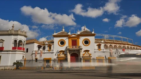 4K Timelapse of The Plaza de Toros with its Baroque Façade in Seville City.  Stock Footage 125724823