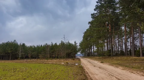 4k timelapse of rural landscape with sandy road, field and forest Stock Footage 60966745