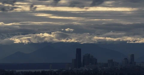 4K Timelapse of Seattle Skyline and Storm Clouds at Sunset Stock Footage 112573486