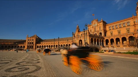 4K Timelapse in Seville's Spain Square with tourists and horse carriages Stock Footage 125724928