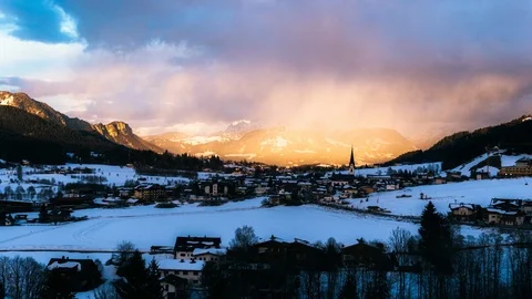 4K Timelapse Sun Lighting Up Austrian Valley Sunset Stock Footage 111748564