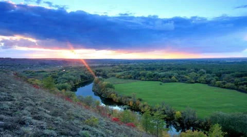 4K. Timelapse sunset on the river Seversky Donets. Donetsk region, Ukraine Stock Footage 40447744
