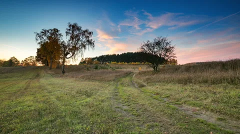 4k timelapse of sunset sky over grassland and birch trees in autumn Stock Footage 58900338