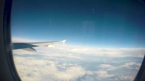 4K Timelapse Through Plane Window. Wing. Landing in Prague Airport and Park Stock Footage 223429415