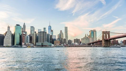 4k timelapse, time lapse of New York City skyline at sunset, dusk, twilight Stock Footage 97069271