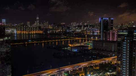 4k Timelapse Top View Of Hong Kong Modern Skyscrapers Night In Kowloon Bay-Dan Stock Footage 64741285