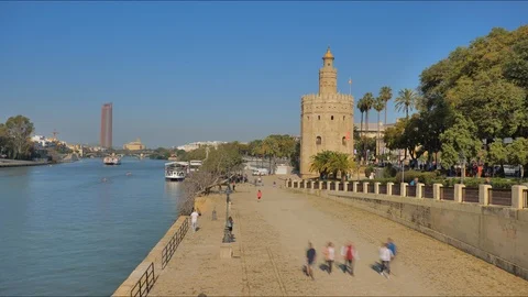 4K Timelapse of the Torre del Oro and Guadalquivir river in Seville City Center. Stock Footage 125724512