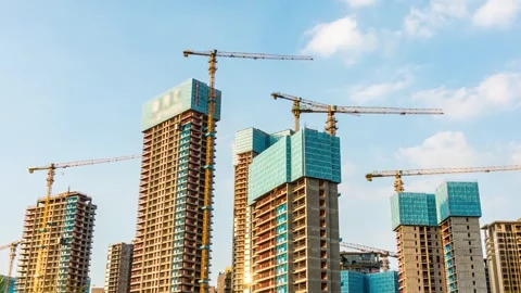4K Timelapse, Tower‑Crane Construction &amp; High‑rises at Building Site Видео 344372641