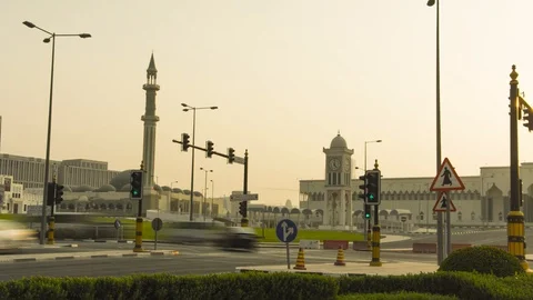 4K timelapse of traffic with clock tower in background, Doha, Qatar Stock Footage 111758864