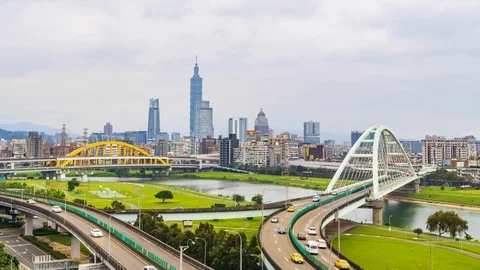 4k Timelapse Traffic of Rainbow bridge with Taipei city, Taiwan Stock Footage 127401436