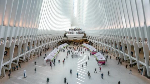 4k timelapse video of commuters at the One World Trade Center Transportation Hub Stock Footage 94317427
