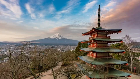 4k timelapse video of Mount Fuji and pagoda at sunrise Stock Footage 108700539