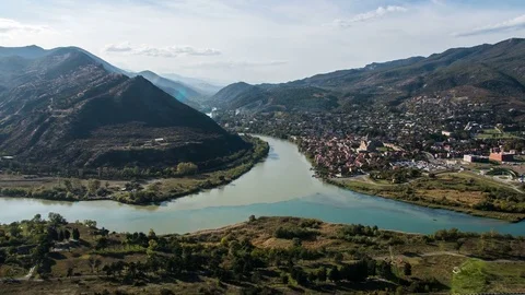 4K Timelapse. View from Jvari Monastery on the city Mtskheta and confluence of Stock Footage 81622419