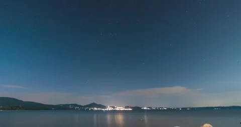 4K Timelapse view of The night sky. Star trails over lake Bracciano, Rome, italy Stock Footage 208079529