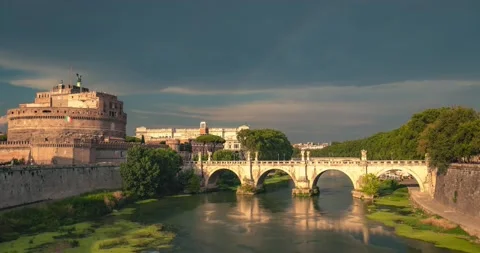 4K Timelapse view of a rainbow over roman bridge Castel Sant'Angelo, Rome Italy Stock Footage 204022412