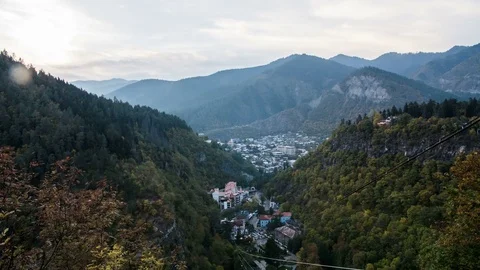 4K Timelapse of the view from the upper platform on the moving cabin cableway Stock Footage 81680024