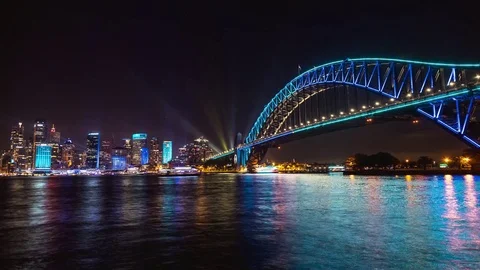 4K Timelapse, Vivid Sydney CBD &amp; Bridge via Milsons Point Stock Footage 77123877
