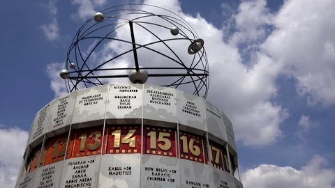 4K Timelapse World clock motion in Berlin display hour popular sightseeing icon Stock Footage 72130892