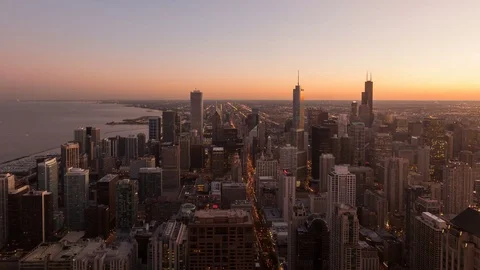 4K Timelapse zoom out sunset Chicago aerial Stock Footage 70066955