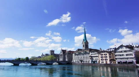 4K Timelapse Zurich Switzerland Swiss banks headquarters - Limmat Quai Stock Footage