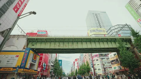 4K+ Tokyo : Akihabara, Elevated Metro Bridge And People Crossing Main Street 스톡 동영상 219403782