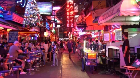 4K Tokyo-Style Bar Street with Bright Neon Lights in Red-Light District Bangkok Stock Footage 123737610