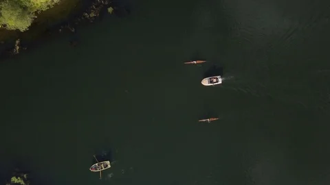 4k Top Down drone video of boats in lake Stock Footage 123857884