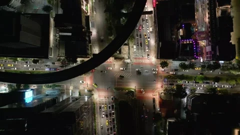4K Top-Down Night Drone View of Bangkok Traffic and City Center Stock Footage 309582473