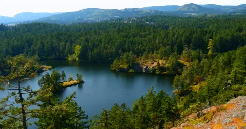4K Top of Mountain, Forest Range, Over Lake with Island, Woman Taking a Photo Stock Footage 49647120