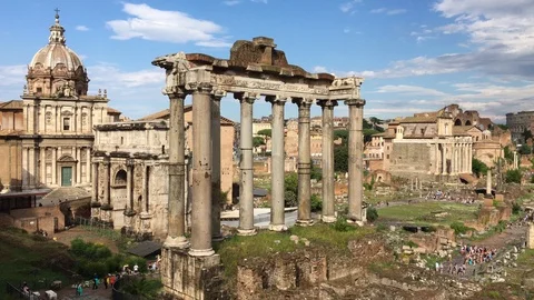 4k Top view of ancient ruins of the Roman forum or Forum Romanum in Rome, Italy Stock Footage 122167282