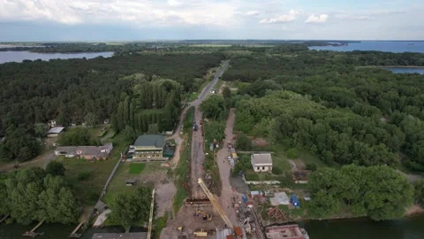 4K Top view construction new bridge over the river work. Stock Footage 155303721
