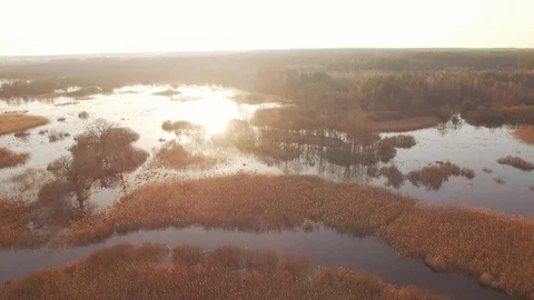 4k top view flight over abandoned park area high water beautiful lake  Stock Footage 96235918