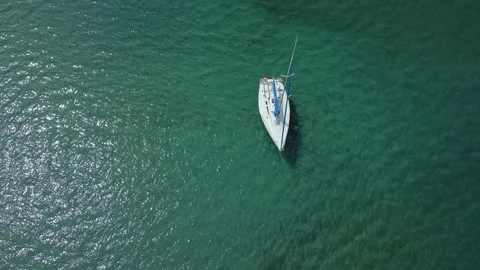 4k Top view of ship floats on blue waters outdoors irrl. Stock Footage 210166555