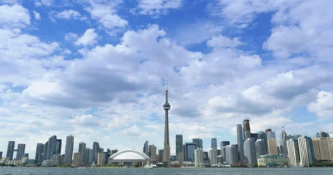 4K Toronto Skyline from Lake Ontario and CN Tower Wide Shot Stock Footage