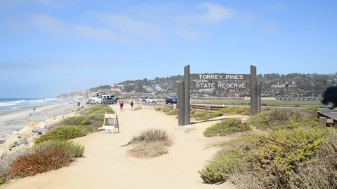 4K Torrey Pines State Beach with pan to sign, San Diego, Calfornia Stockbeeldmateriaal 94843537