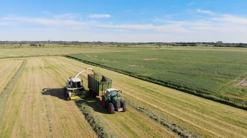 [4K] Tracking-Shot, Close-Up Tractor collecting grass from field | Aerial Shot Stock Footage 94296124