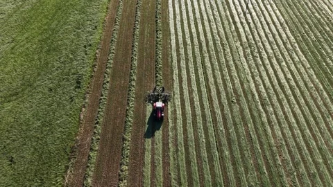 4K Tractor Turning Hay for Drying in Agricultural Field Stockbeeldmateriaal 339028115
