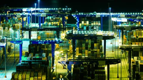 4K trading port activity cranes logistics night timelapse overview Stock Footage