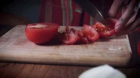 4K Traditional Chef Cutting Red Tomato Stock Footage