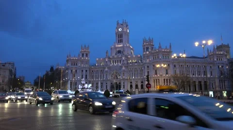 4K Traffic car Alcala Gate Cybele Palace Madrid city center commuter transport  Stock Footage 63556875