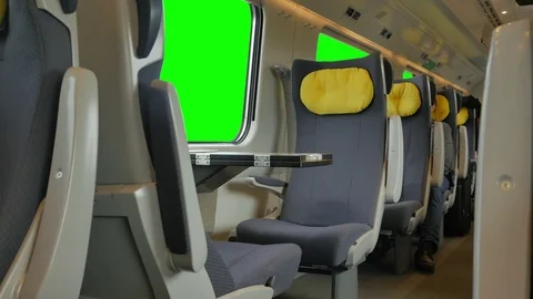 4K Train Car, Passenger Seats and Blank Windows, Chroma Green Screen Scene Stock Footage 83353283