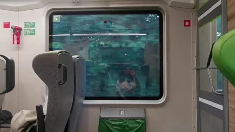 4k Train coach window view, passing green forest Stock Footage 293850118